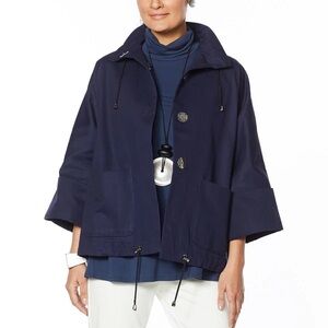Crop Trench Coat MARLAWYNNE Canvas Drama Swing Jacket Navy Bohemian 3/4 Sleeve